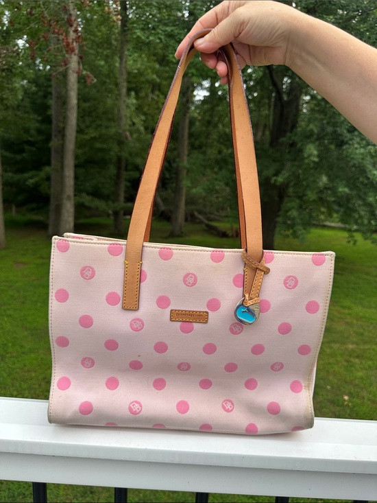 Dooney & Bourke Handbags - Dooney & Bourke East/West Pink Polka Dot Tote Bag with Tan Straps